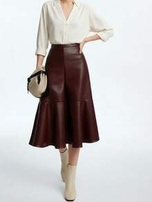 Aalyst Women's Burgundy Solid Color Leather Patchwork A-Line Ruffle Hem Midi Skirt,Elegant French Retro Street Style,Versatile For Autumn,Dining&Party - Maroon - View 5