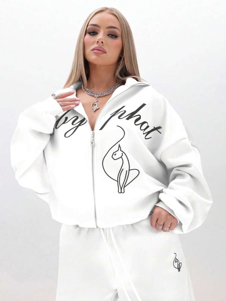 BABYPHAT カリグラフィーテキストプリントとフードのオーバーサイズ ハイネック ジップアップスウェットシャツ カジュアル ウィンターストリートウェア