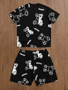 Manfinity Homme 男士休闲熊印花T恤短裤套装，夏季 - 黑色 - 查看 2