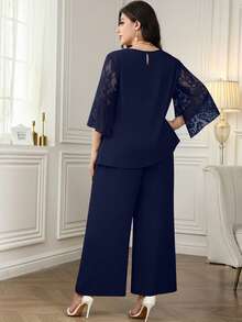 SHEIN Clasi Bộ 2 món thanh lịch cho nữ cỡ lớn, áo tay lỡ ren xoắn và quần ống rộng - Màu xanh hải quân - Xem 2