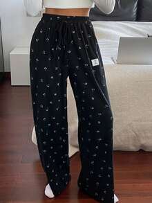 DAZY 女士直筒碎花抓绒睡裤，秋冬款 - 黑色 - 查看 3