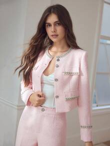 MOTF PREMIUM WOMEN'S CONTRAST FAUX PEARL BINDING BOXY JACKET - Pink - View 5