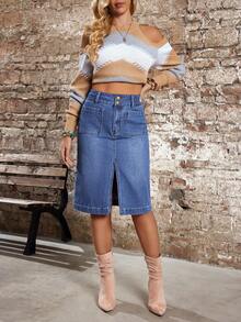 EMERY ROSE 女士休闲百搭纽扣口袋牛仔迷你裙 - 藍色 - 查看 4