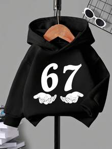 Young Boy Minimalist Fashion Hand Gesture & 67 Letter Print Sweatshirt Long Sleeve Sweatshirt, Suitable For Outings In Autumn/Winter