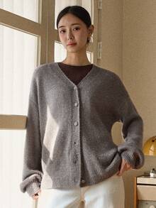 Dazy-Less Women's Casual Drop Shoulder Long Sleeve Knitted Cardigan, Autumn/Winter - Grey - View 3
