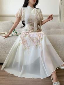 Modelyn 女士系带腰部褶皱印花喇叭连衣裙 - 綠色 - 查看 3