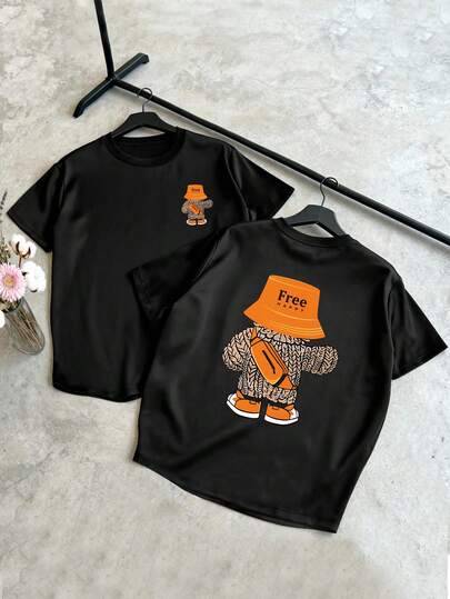 Manfinity Herren Lässig Kurzarm T-Shirt mit Buchstaben- und Bären-Muster, Rundhalsausschnitt, stylisch, eine Top-Wahl für Geschenke, geeignet für verschiedene Anlässe.