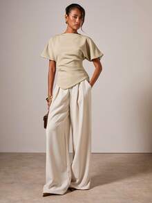 COSMINA Women's Elegant Ruched Round Neck T-Shirt, Suitable For All Seasons Neutral Tops - Khaki - View 7