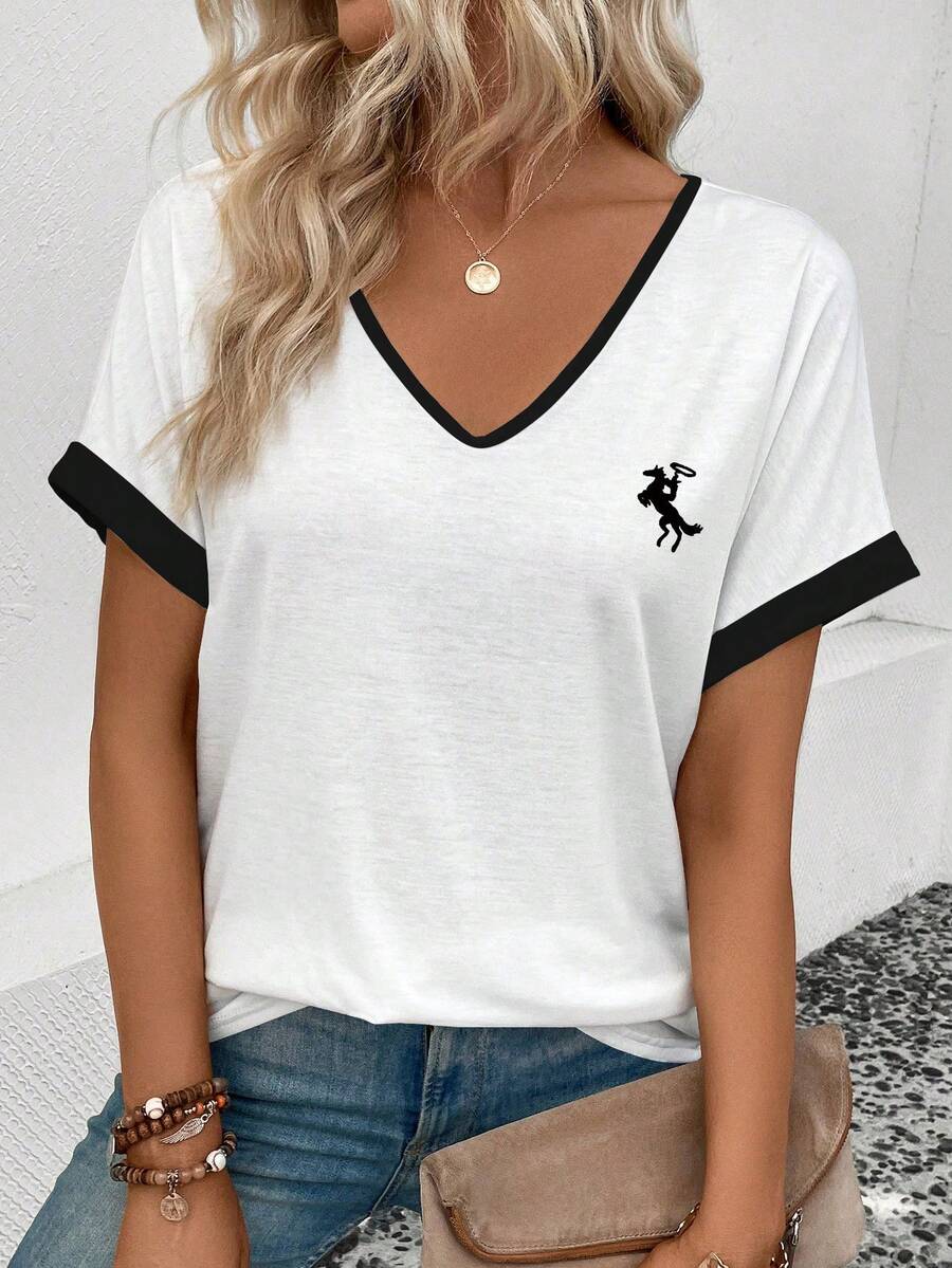 EMERY ROSE New Arrival Spring/Summer Bestselling Contrast Color Logo Print V-Neck Short Sleeve Women T-Shirt - White - View 1