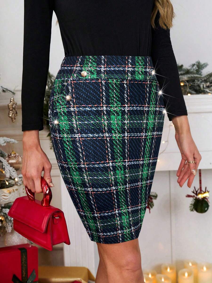 SHEIN Clasi Casual Plaid Pattern Versatile Commute Daily Wear Women Skirt - Green - View 1