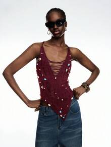 LYSMO 女士酒红色串珠做旧性感吊带背心，露背上衣 - 酒紅色 - 查看 4