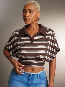 Denimoi Cinched Waist Collared Striped Polo Top Fashionable Tops Collared Top - Brown - View 5