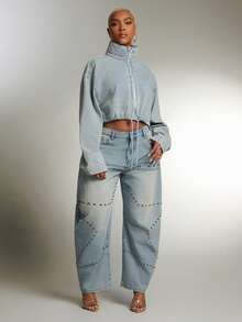 Denimoi Elastic Waist Toggle High Neck Zip Front Cropped Denim Jacket - Light Wash - View 3