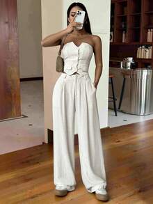 SHEIN EZwear Bộ hai mảnh áo ống màu trơn đơn giản và quần dài dành cho nữ - Màu be - Xem 4