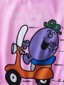 Mr Men Little Miss X SHEIN Tween Girls' Casual Cartoon & Letter Graphic Crew Neck Sweatshirt, Autumn - Pink - View 3