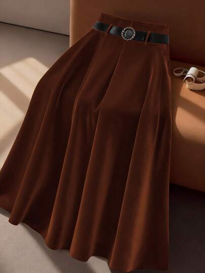 Regalyn Plus Size Women's Suede-Like Minimalist Fashion A-Line Skirt With Belt