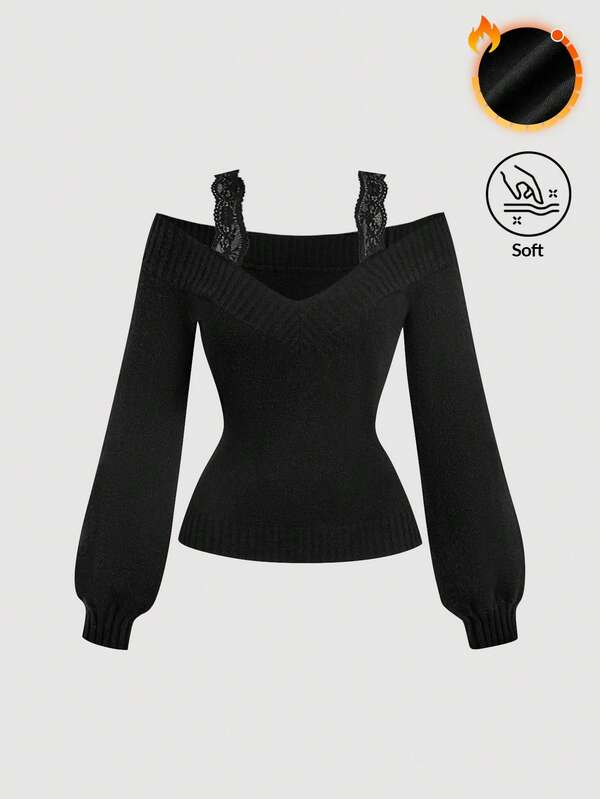 SHEIN MOD Women's Black Lace 2 In 1 Grey Sweater In Fall/Winter