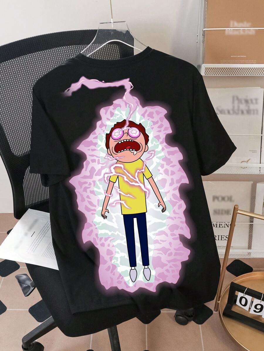 Rick and Morty X SHEIN Men's Casual Cartoon Print Round Neck Short Sleeve T-Shirt, Summer - Black - View 1