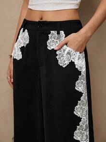 Freevana Calça Preta com Bolsos para Fémininas, Calça Reta de Perna Larga com Recorte de Renda, Calça Larga Romântica de Primavera - Azul Marinho - Visão 2