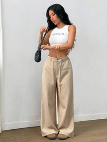 SHEIN Elenzya Women's Solid Color Crepe Drawstring Faux Pocket Casual Pants, Spring/Autumn - Apricot - View 4