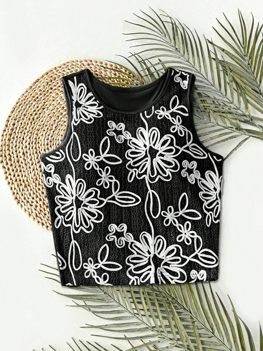 SHEIN Clasi Camiseta de tirantes casual con cuello redondo y textura floral, adecuada para vacaciones - Negro - Ver 1