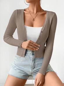 EMERY ROSE 女士修身釦扣羊毛衫 - 摩卡棕 - 查看 3