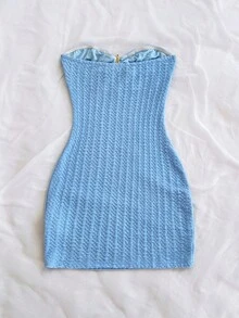 Soleia 女式度假白色针织纹理露肩胸前镂空褶饰金属海星装饰紧身迷你连衣裙，性感派对约会海滩度假夏装 - 藍色 - 查看 2