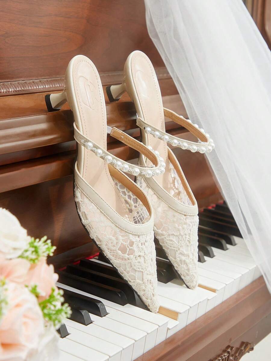 CUCCOO HITCHD Mules à talon haut élégantes avec décoration de faux perles et bout pointu pour femmes - Blanc - Voir 1