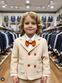 3pcs/Set Baby Boy Formal Suit Set - Light Khaki Herringbone Blazer + Trousers, Paired With White Shirt & Orange Bow Tie, Double-Breasted Gentleman Design, Suitable For Birthday Party, Ceremony, Wedding, Christening, New Year, Children Outfit, Baby Boy Clothing, Boy Suit, Baby Boy Set, Baby Boy Set
