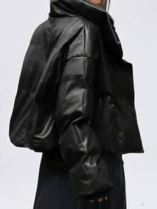 Chiquease 年轻通勤风宽松PU皮革质感宽翻领加厚羽绒服，罗纹袖口，保暖防寒，仿皮飞行员夹克，填充物为聚酯纤维，合成保暖材料，冬季外套，带羊羔绒内衬。 - 黑色 - 查看 2