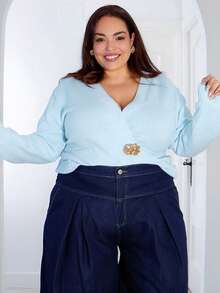 Pretty and Ole Jeans bleu foncé grande taille taille haute pantalon jambe large, vêtement élégant pour dames, confortable avec taille élastique, vêtements pour femmes en automne - Jean brut - Voir 7