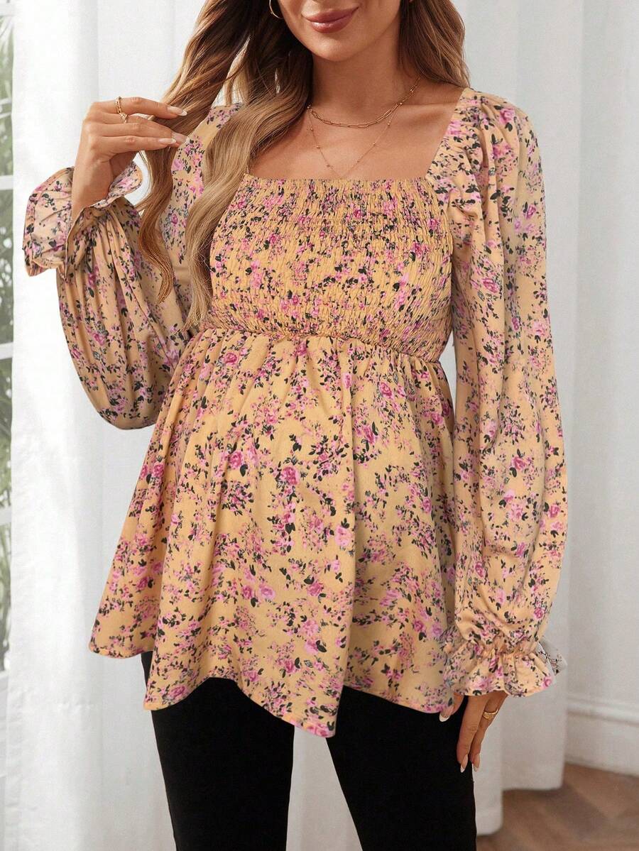 SHEIN 孕妇碎花灯笼袖衬衫，春季 - 黃色 - 查看 1