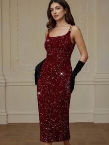 Aveloria Rosie فستان ضيق مثير مزين بكثافة بالترتر لأجواء الأعياد والكريسماس ورأس السنة الأنيقة للسيدات - الأحمر - مشاهدة 3