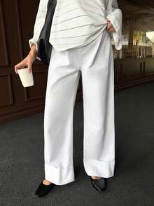 SHEIN Maternity Solid Color Casual Versatile Straight Leg Jeans White Women's Solid Elastic Waist Loose Lounge Straight Leg Pants White Wide Leg Pants White Pants Elastic Waist Trousers Minimalist Bottoms Elegant Long Pants Winter Spring Christmas New Year Thanksgiving Commuting Vacation Graduation Chic Y2k Cute Streetwear Party Wedding Elegant Business Casual Woman - White - View 6