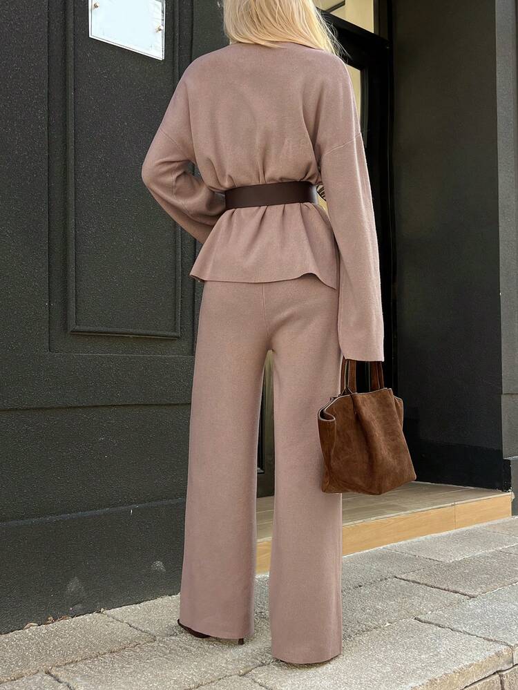 Women's Casual Solid Color Belted Sweater And Wide Leg Pants 2 Pieces Set, Autumn/Winter