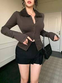 DAZY Áo khoác cardigan cổ tua rua thanh lịch dành cho nữ, Thu/Đông - Cà phê nâu - Xem 1