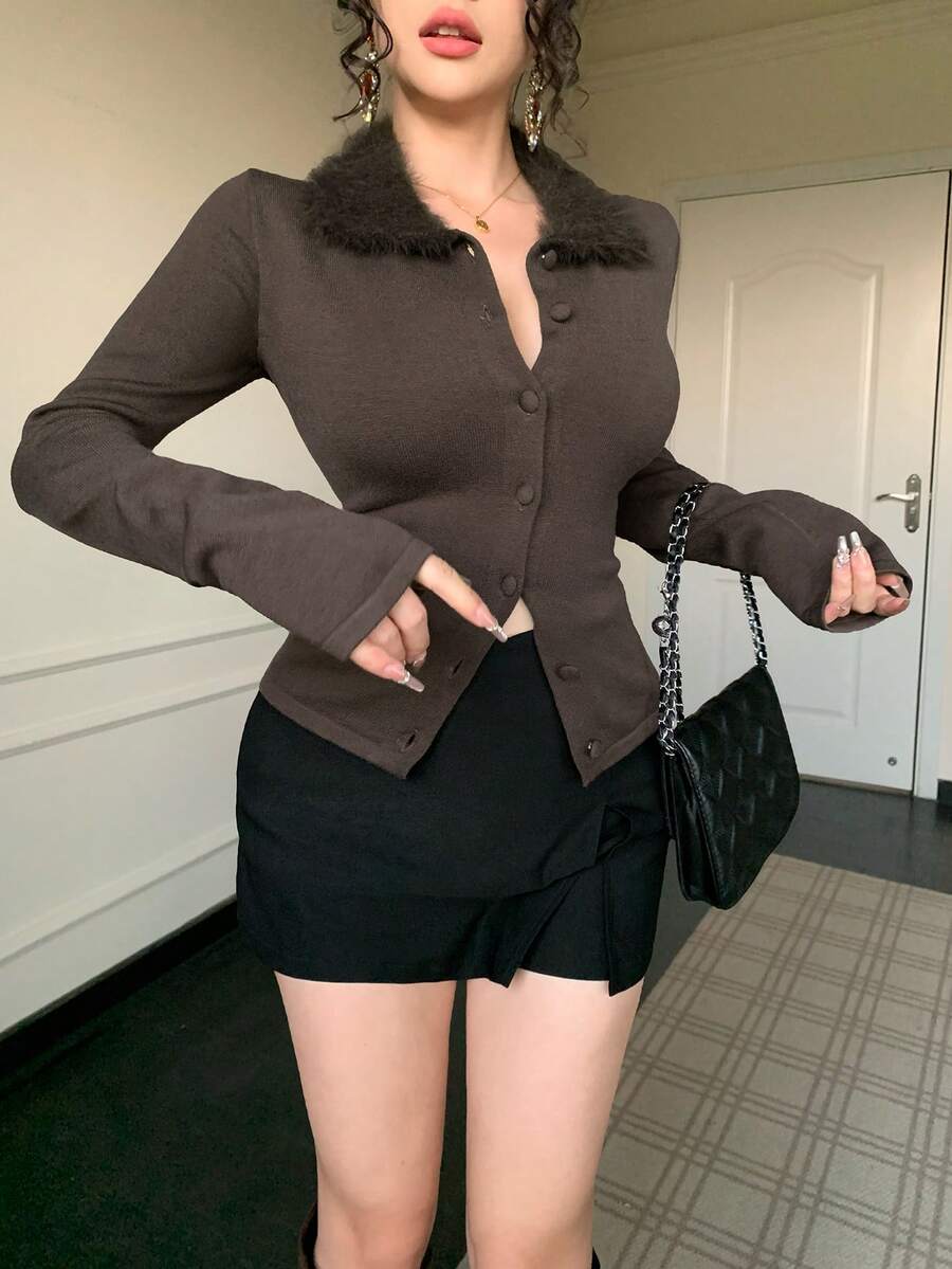 DAZY Áo khoác cardigan cổ tua rua thanh lịch dành cho nữ, Thu/Đông - Cà phê nâu - Xem 1