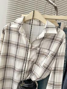 INAWLY 女士格子长袖单排扣休闲口袋衬衫 - 白色 - 查看 4