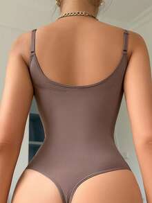 Women's Mocha Brown High Stretch Casual Comfy Backless Thong Bodysuit - Mocha Brown - View 2