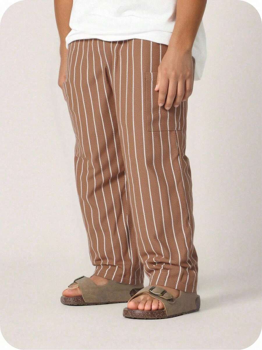 SHEIN 男童休闲舒适百搭条纹直筒裤 - 棕色 - 查看 1