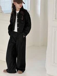 2pcs Tween GirlsNavy Blue Denim Lapel Long Sleeve Loose Pants Set - Black - View 5