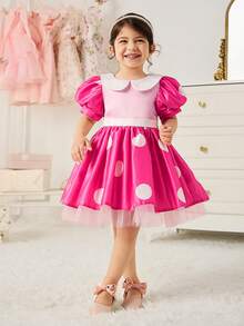 Glamorique Kids Sequin Polka Dot Pink Puff Sleeve Peter Pan Collar Sweet Princess Style Girls Puff Skirt Dress, Puff Sleeve Princess Dress For Birthday Party And Special Occasions - Pink - View 3