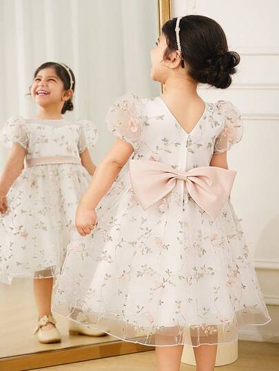 Glamorique Kids 女婴/女童高端公主裙，高品质蕾丝泡泡袖连衣裙，适合家庭聚会、生日派对和正式场合