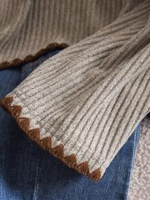 CosyJoli 大码女式休闲撞色滚边T恤，秋季罗纹针织优雅上衣，女士长袖T恤，休闲女装 - 杏色 - 查看 5