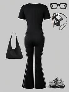 SHEIN ChillGRL Teen GirlMinimalist Street Style Square Neck Short Sleeve Wide Leg Jumpsuit Teen One Piece Outfit