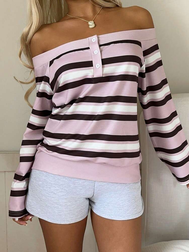 SHEIN EZwear 女士休闲撞色条纹露肩卫衣，秋季 - 粉色 - 查看 5
