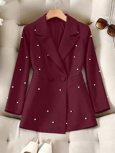 Franclia Blazer de una sola pieza de talla grande con cuello, tejido de unicolor, con adornos de cuentas, elegante, de manga larga, para mujeres. Conjunto de blazer, vestido blazer, chaqueta blazer, falda blazer para mujeres.