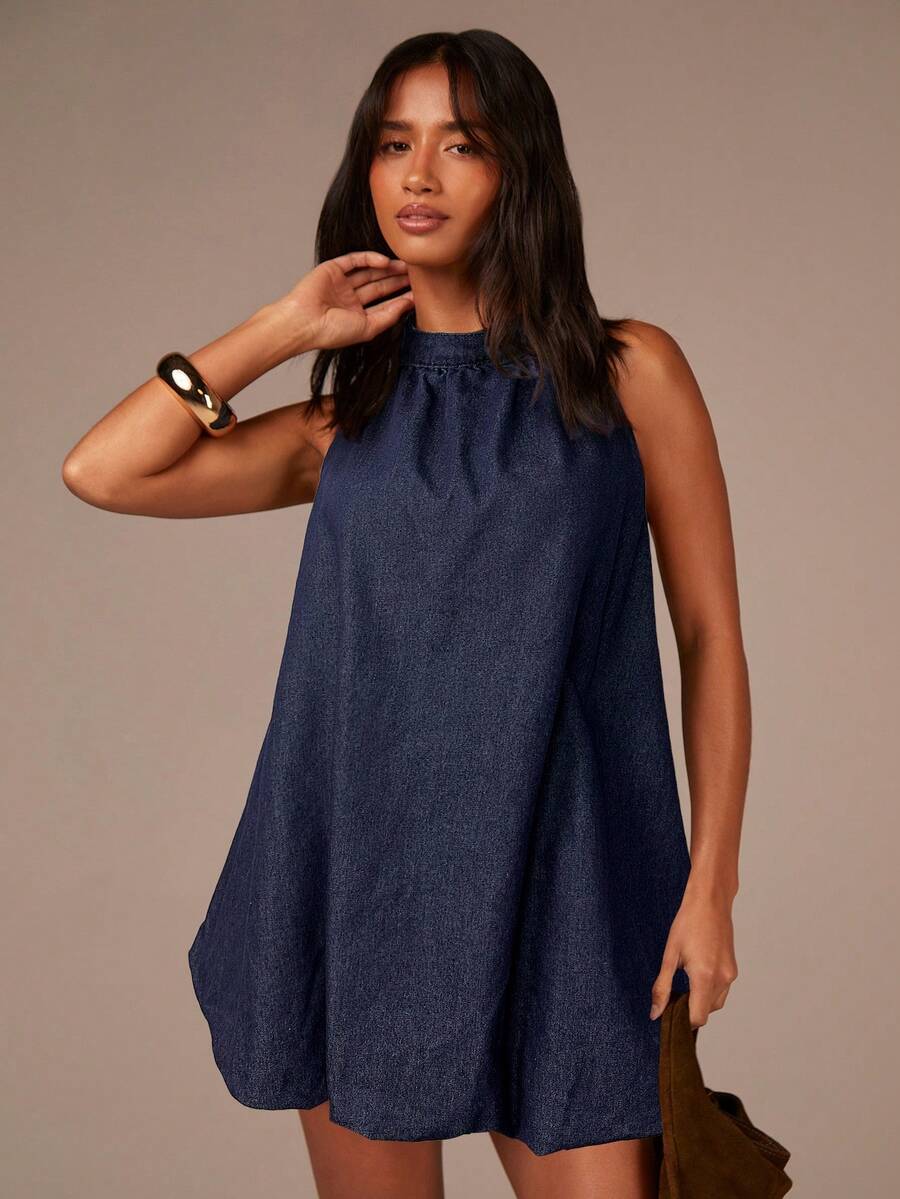 Athîral 女士休闲牛仔泡泡迷你连衣裙 - 藍色 - 查看 1