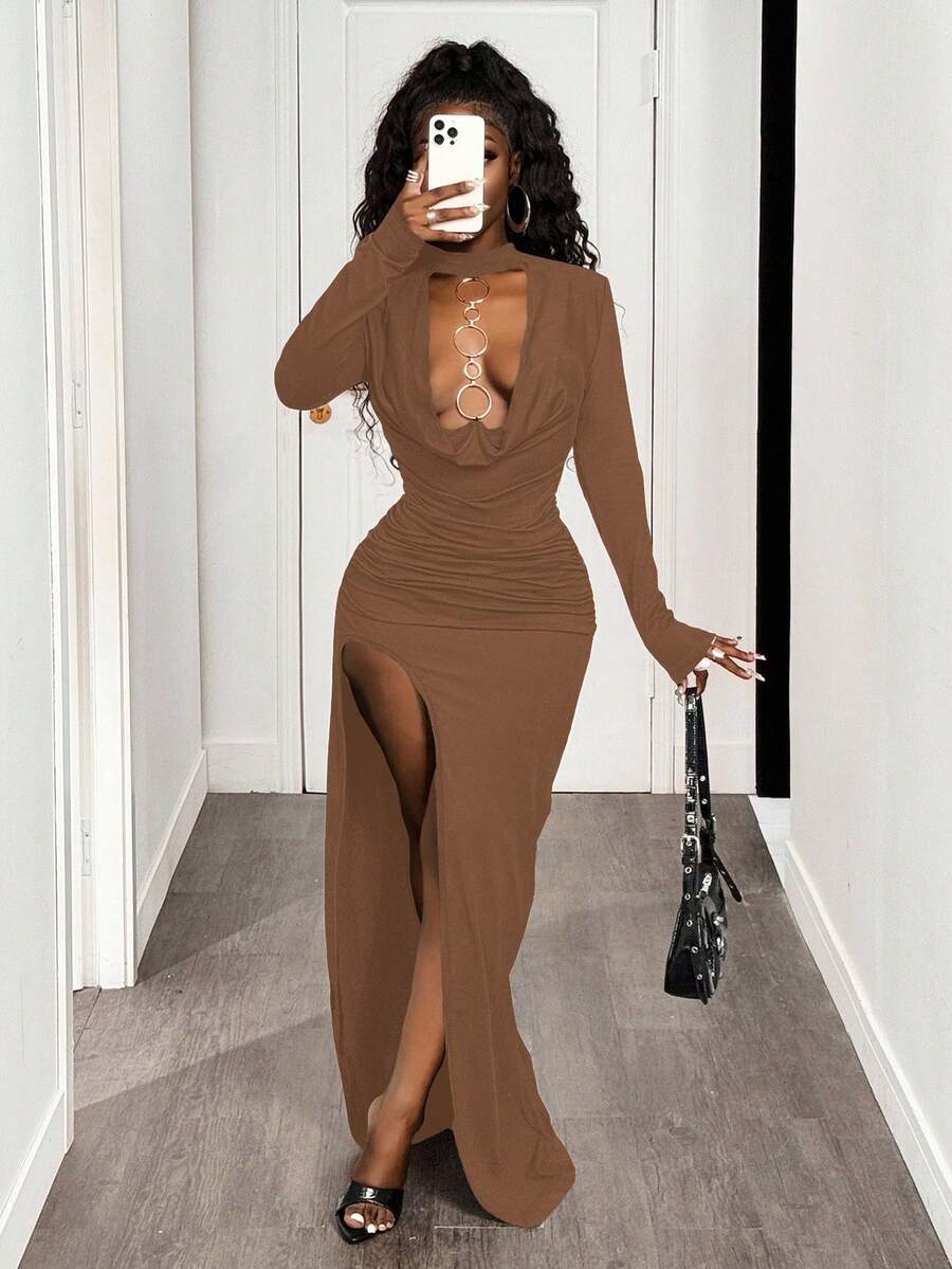 BamGleam Autumn/Winter New Sexy Party Plunging Neckline Metal Ring Decor Bodycon High Slit Long Sleeve Dress For Women - Brown - View 1