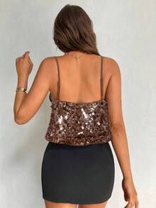 Aloruh 女士性感时尚荷叶边亮片吊带背心 - 棕色 - 查看 2